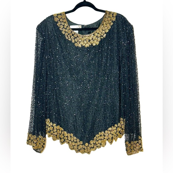 Vintage Laurence Kazar Paris-New York Silk, Beaded, & Sequined Blouse, Size 4X - Picture 1 of 11